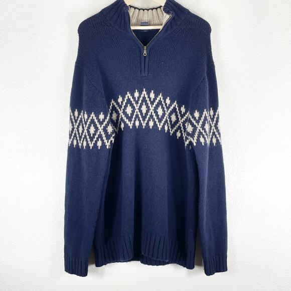 GAP Men's Navy Blue 100% Lambs Wool Sweater Sz XL Beige Fair Isle Mock Neck Zip - Picture 1 of 7